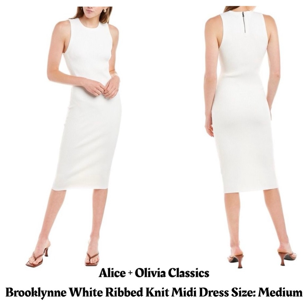Alice + Olivia Classics Brooklynne White Ribbed Knit Midi Dress Size: Medium‎